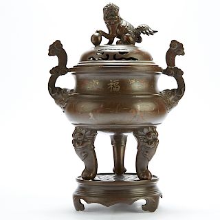 Chinese Qing Dynasty Bronze Censer w/ Foo Dog Finial
