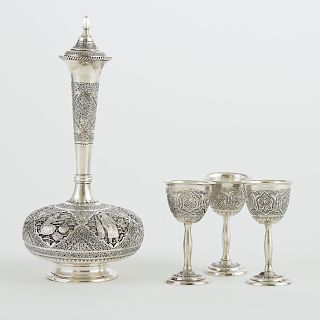 Persian Silver Decanter and Cups 
