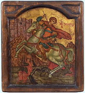Greek Icon on Wood St. George Slaying the Dragon