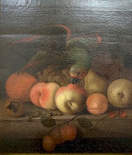 Continental School Still Life Parrot and Fruit Oil on Canvas