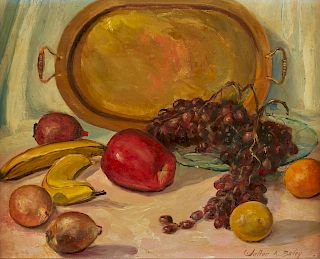 Walter Bailey "Brass Tray" Still Life Oil on Canvas Laid Board