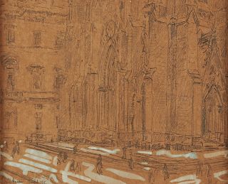 Childe Hassam Pencil with Gouache of St. Patricks Cathedral