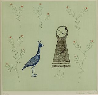 Keiko Minami "Small Girl with Bird" Etching