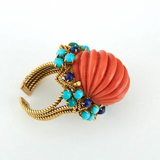 Coral Turquoise Lapis Cocktail Gold Ring 