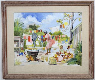 Signed, 1949 Watercolor with Figures Washing