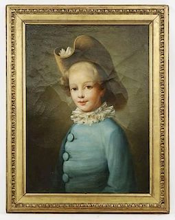19th C. French Oil "Portrait of Young Boy in Blue"