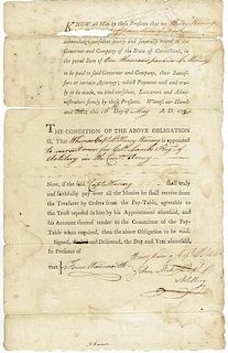 RECRUITING FUNDS FOR THE 2ND CONTINENTAL ARTILLERY REGIMENT DS, One page, folio. Partially-printed bond, co-signed by Captain John...