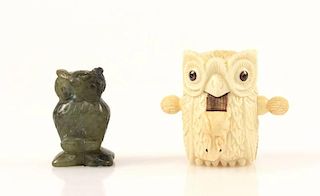 Group of Two Chinese Carved Owls, Bone and Jade