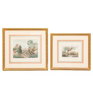 Lote de 2 obras gráficas. C. Vernet y Jazel. "La Chalse au Renard" y "L'Halali". Grabados coloreados. Enmarcados. 24 x 27 y 19 x 21 cm.