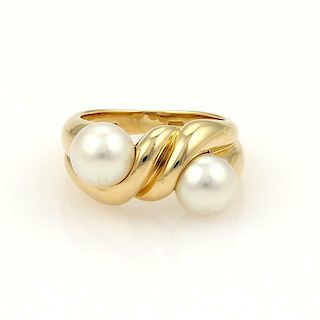 Bulgari 18k Two 7mm Pearls Twisted Design Band Ring