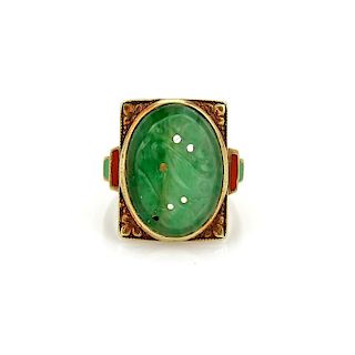 Antique Carved Jade 14k Gold Coral Inlay Floral Ring