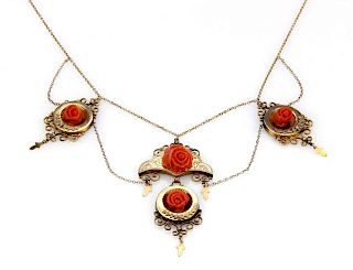 Antique Victorian 14k Rose Gold Coral Roses Drop Charm Necklace 