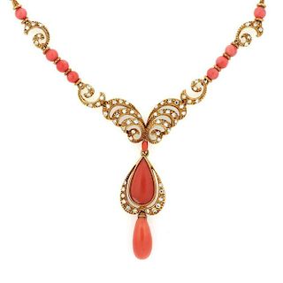 Vintage Coral Diamond Fancy Beaded Pendant Chain Necklace