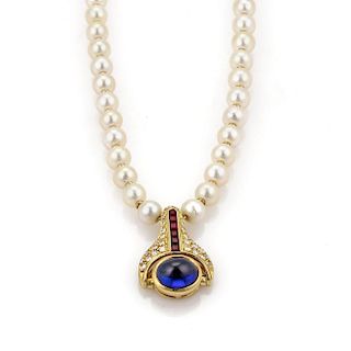 Vintage 4.35ct Diamond Sapphire & Ruby 18k Pendant Pearls Necklace 