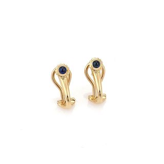 Cartier Cabochon Sapphire 18k Yellow Gold Curved Floral Huggie Earrings 