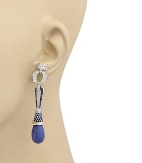 Estate 3CT Diamond Sapphires & Lapis 18k Drop Dangle Earrings