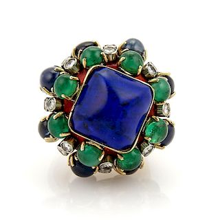 Estate 13ct Diamond Emerald & Sapphire Enamel 14k Ring Size 6.5 
