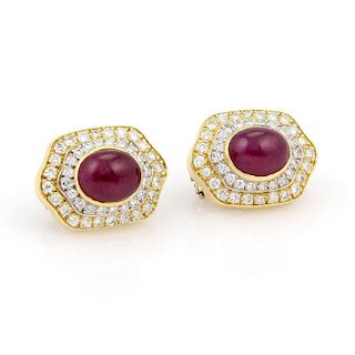 Estate 18k Gold 11.86ct Cabochon Ruby & Diamond Earrings
