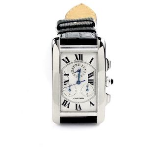 Cartier Tank Americaine Chronograph 18k White Gold Leather Band Men's Watch 2312 