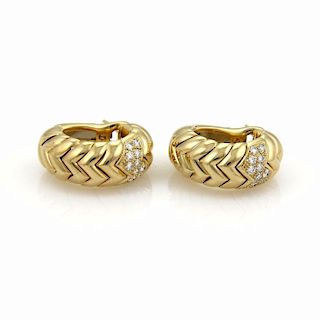 BulgariSPIGA Diamond 18k Gold Curved Hoop Earrings 