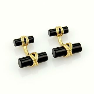 Tiffany & Co 18k Gold Black Onyx Bar Column X Design Cufflinks