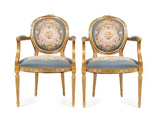 A Pair of Louis XVI Style Giltwood Fauteuils