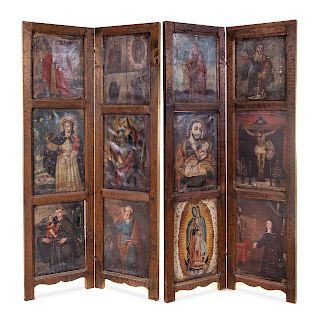 A Collection of Spanish Colonial Paintings Mounted as Two Floor Screens
