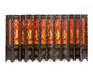 A Chinese Lacquered and Parcel Gilt Twelve-Panel Table Screen
