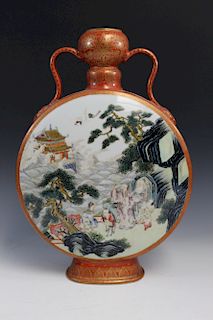 Chinese famille rose on coral red glaze porcelain moon flask vase. Jiaqing Mark.