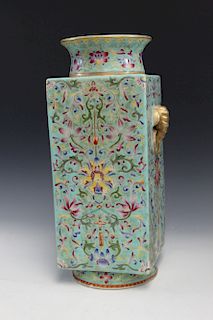 Chinese famille rose porcelain cong vase. Iron red mark.