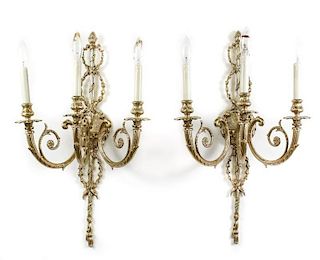 Pair of French Cast Brass 3-Light Wall Sconces
