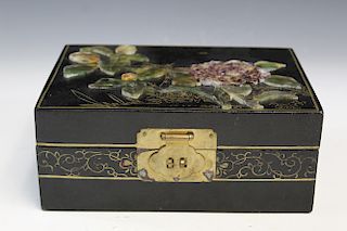 Chinese wood jewelry box with carved hardstone inlaid. 