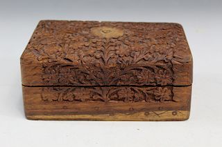 Hand carved cudor wooden spice chest. 