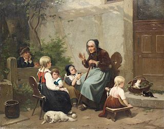 Poole, 19th C Painting of Grandmother w/ Children