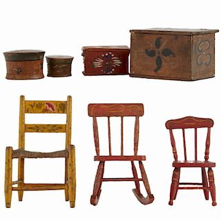 Grp: 7 Mini Folk Art Chairs and Wood Boxes