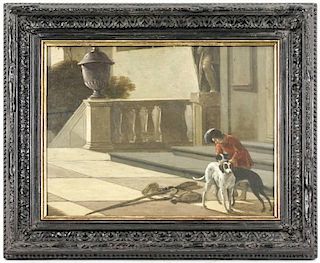 19th C. Oil on Wood Panel, Courtly Man w/ Hounds