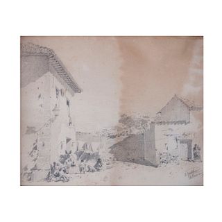 Baldomero Galofre Gimenez (España 1846-1902) Escena campestre. Siglo XIX. Lápiz gráfito sobre papel algodón. Firmada. Enmarcada.