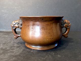OLD Chinese Bronze Censer with Elephant ear handles, marked on the base
