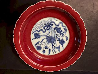 FINE Chinese Red Glaze Blue and White Plate, Ming mark on the base
