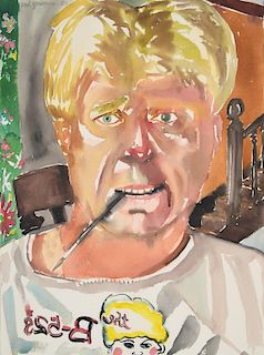 Red Grooms Watercolor Painting, Portrait