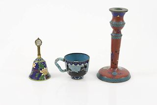 3 Chinese Cloisonne Items - Candle, Bell, Teacup
