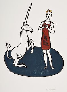 Stephan Balkenhol "Lady and the Unicorn" Woodcut, Signed