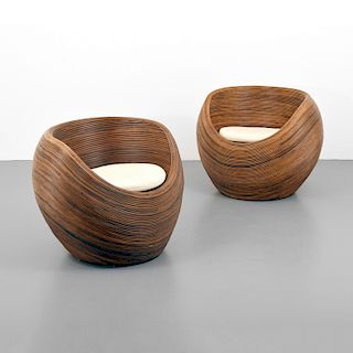 Pair of Rattan Lounge Chairs, Manner of Gabriella Crespi