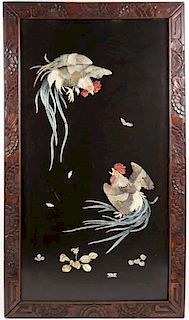 Japanese Carved Wood Panel w/ Rooster Motif