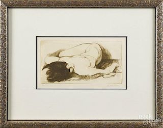 Limited edition etching of a nude woman, signed E. Haller and numbered 9/17, 4 3/4'' x 8 3/4''.