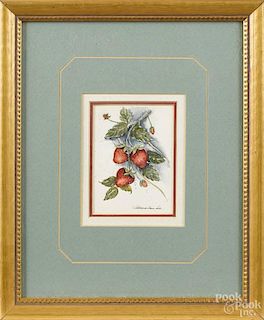 Watercolor still life of strawberries, signed Patricia Ann Lee, 4'' x 2 3/4''.