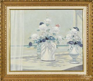 Oil on canvas still life, signed Les Bullene, of vases of flowers, 20'' x 24''.