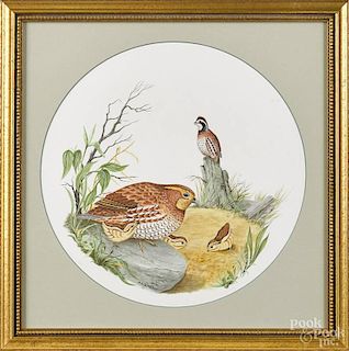 Watercolor portrait of a quail family, signed M. K. Scheel, 11 1/2'' dia.