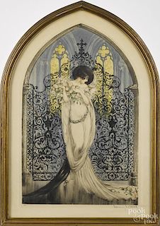 Louis Icart signed drypoint etching, dated 1928, titled La Tosca, of a woman at an iron gate