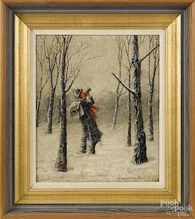 Sydney Hamilton Blackwood (American, late 19th c.), oil on canvas winter landscape of a gentleman